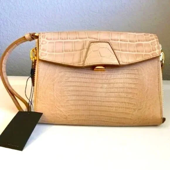 NWT ALEXANDER WANG Lydia Bag Croc Embossed Leather Clutch Bag Almond MSRP $650
